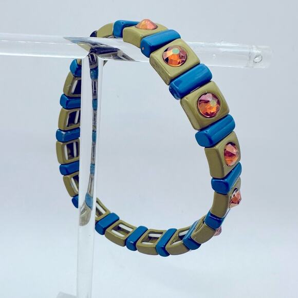 Roxanne Assoulin Bracelet Square Tile Stretch Limited Green Blue Swarovski - Picture 1 of 9
